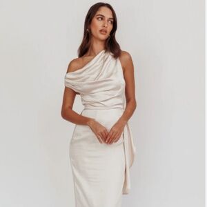 Draped One Shoulder Maxi Dress, Champagne, size small